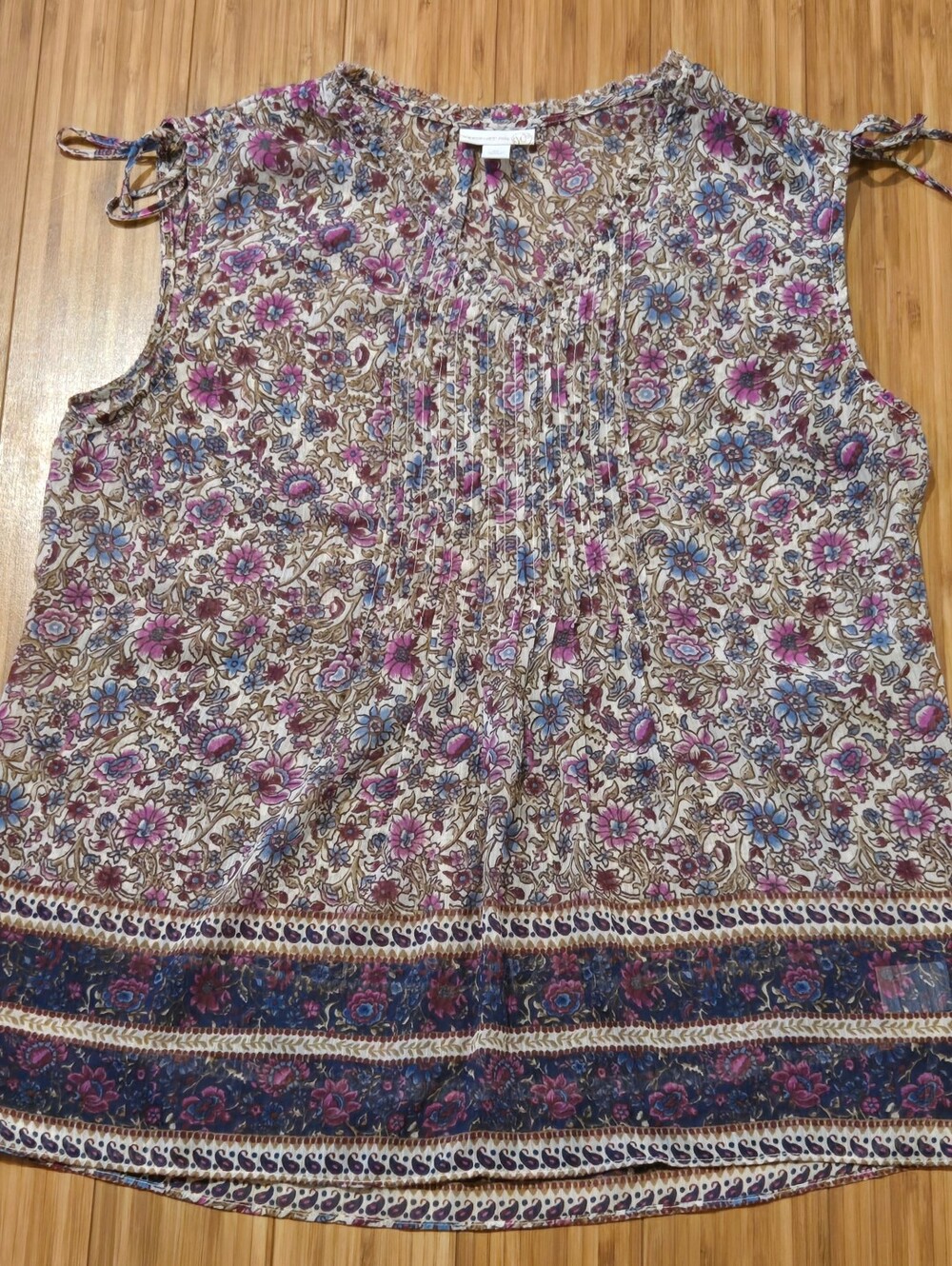 Westport 1962 Sheer Floral Boho Pintuck Sleeveless Top in Cream, Pink & Blue